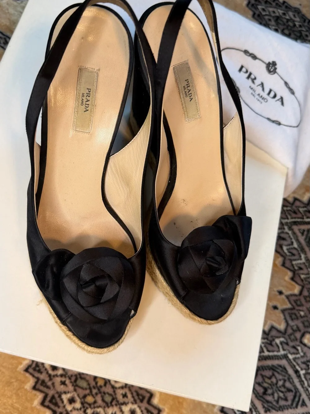 Prada Black Satin Slingback Espadrille Wedges with Rosette
